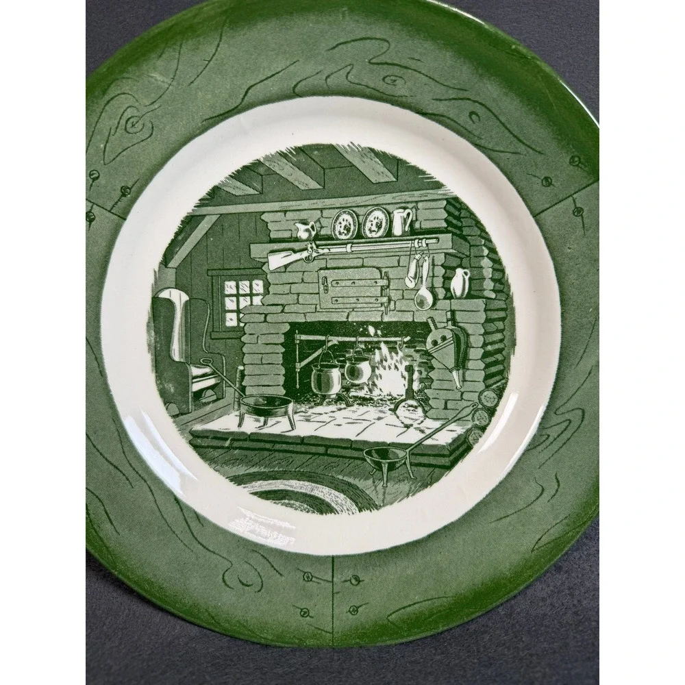 Royal China‎ Colonial Homestead Green Transferware Dinner Plates Set of 2 USA